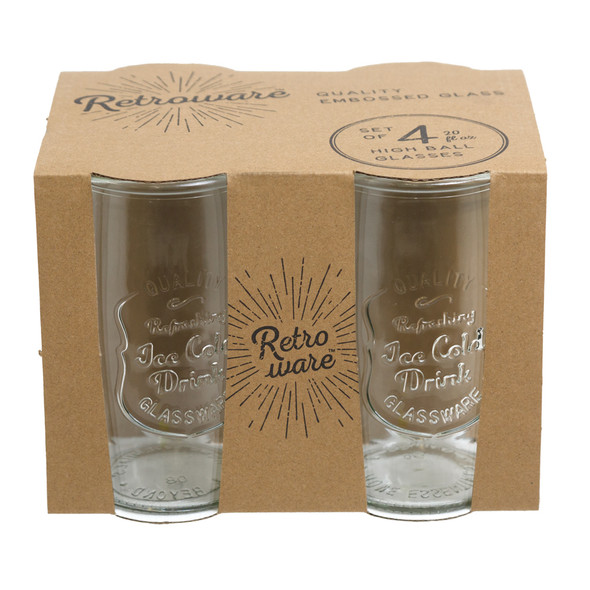 HIGHBALL GLASS 20OZ 4PC SET ICE COLD RETRO