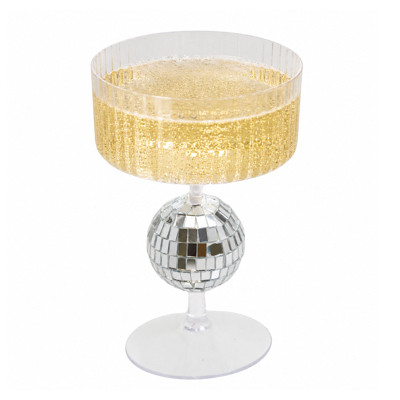 CHAMPAGNE TOASTING GOBLET CLEAR PS PLASTIC RIDGED W/DISCO BALL STEM 5.9IN H