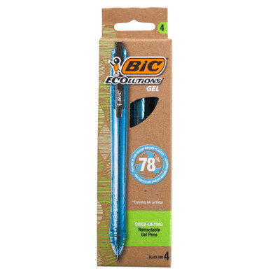 BIC ECOLUTIONS 4CT RETRACTABLE GEL PENS BLACK INK PEGGABLE