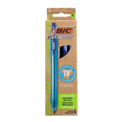 BIC ECOLUTIONS 4CT RETRACTABLE BALLPOINT PENS BLUE INK PEGGABLE