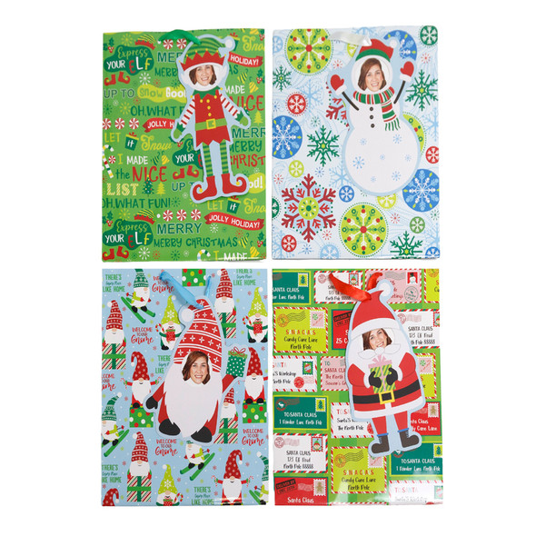 GIFT BAG XMAS LARGE W/PHOTO GIFT TAG 10X12.5X5IN 4AST PAPER/UPC LABEL