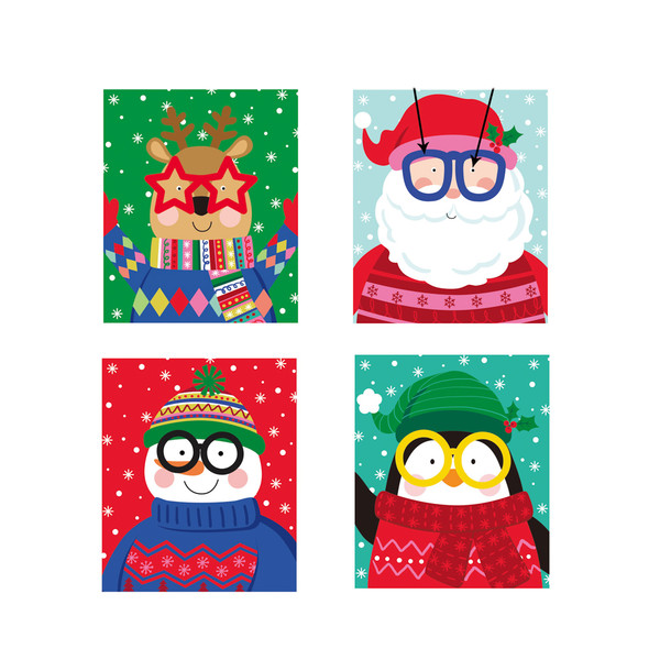 GIFT BAG XMAS PAPER LARGE 4AST W/EVA GLASSES & GOOGLE EYES 10X12.5X5IN UPC/LABEL