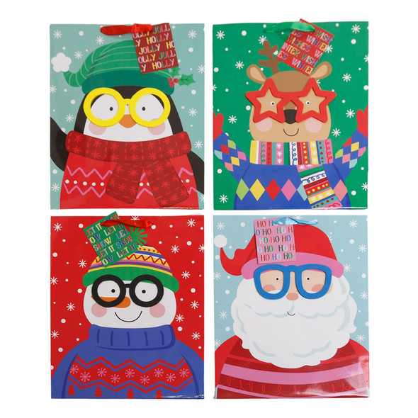 GIFT BAG XMAS PAPER LARGE 4AST W/EVA GLASSES & GOOGLE EYES 10X12.5X5IN UPC/LABEL