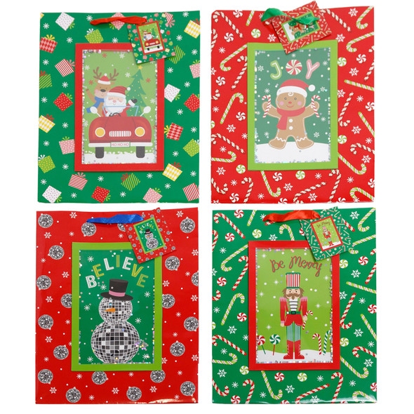 GIFT BAG XMAS LG W/FRAMED CONFETTI TIPON 4AST 10X12X5IN UPC/LABEL