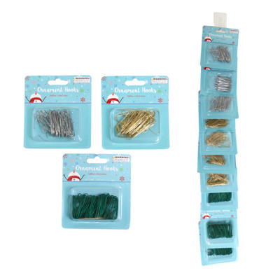 ORNAMENT HOOKS 100CT 1.5IN 3ASST SILVER/GOLD/GREEN ON 12PC DISPLAY STRIP/PB SLEEVE