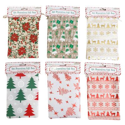 GIFT BAG 2PK 7.8X5IN CHRISTMAS FAUX BURLAP PRINTS W/DRAWSTRING/6AST ON 12PC MDSG STRIP