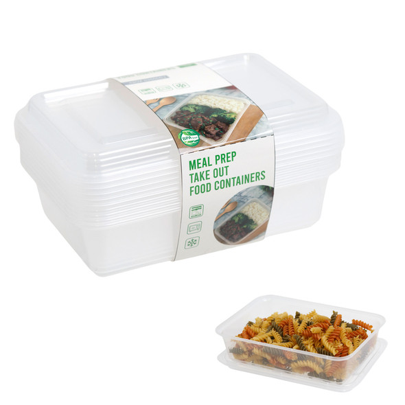 TAKEOUT MEAL PREP CLEAR PLASTIC 42OZ CONTAINERS 10PC-5 LIDS/5 TRAYS/SLEEVE CARD