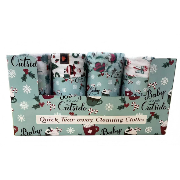 CLEANING CLOTHS 20PK XMAS PRINT TEAR-AWAY ROLL REUSABLE 3AST IN 24PC PDQ