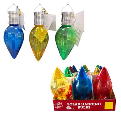 CHRISTMAS LIGHT BULB SOLAR HANGING DECOR PLASTIC 6.5IN 4AST COLORS/12PC PDQ