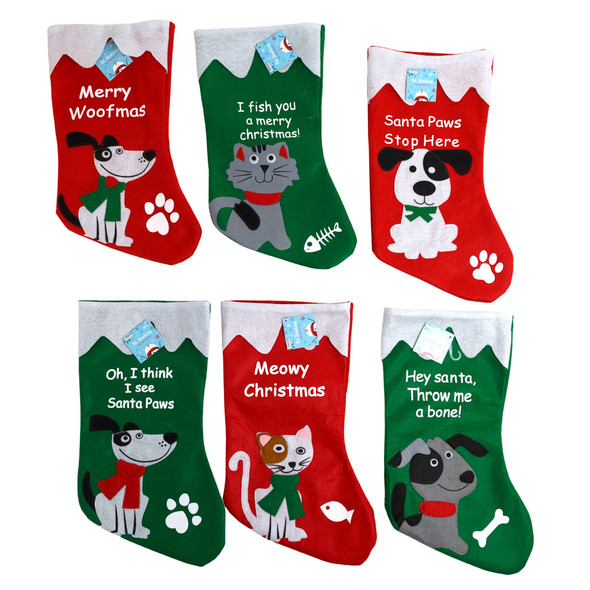 STOCKING PET 6AST FELT 18IN 16DOG/8CAT W/FUN SAYINGS RED/GREEN JHOOK/HT