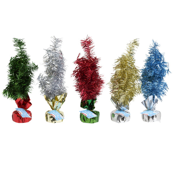 CHRISTMAS TINSEL TREE 12IN 5AST COLORS/32 TIPS W/CEMENT BASE