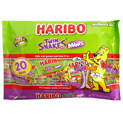 TWIN SNAKES HARIBO 9.5 OZ LAYDOWN BAG IN COUNTER DISPLAY 20PCS/BAG