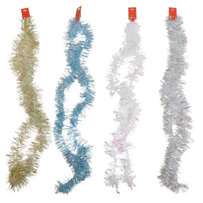 GARLAND TINSEL 6.5FT IRDESCENT 4AST WHITE/BLUE/SILVER/GOLD 2 PLY/3.3IN TIP WIDTH XM HDR