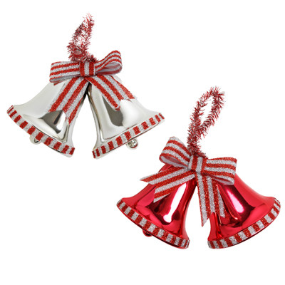 HANGING CHRISTMAS BELL DECOR 6..5X6IN PLASTIC W/TINSEL HANGER AND BOW SILVER OR RED XMAS LABEL