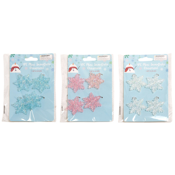 ORNAMENT MINI SNOWFLAKE 4PK 1.57IN 3AST IRIDESCENT COLORS XMAS TCD