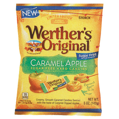 WERTHERS SUGAR FREE CARAMEL APPLE HARD CANDIES 5 OZ PEG BAG IN COUNTER DISPLAY