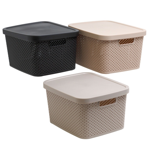 PLASTIC BASKET WITH LID 10.8 X 8.8 X 6.0 IN BEIGE - BLACK - GREY