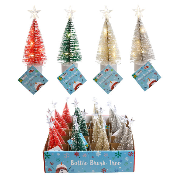 CHRISTMAS TREE BOTTLE BRUSH SNOW TIPPED W/5 B/O LIGHTS 5.9 X 2.4IN 4AST COLORS/20PC PDQ