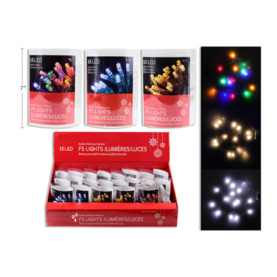STRING LIGHT MINI LED 15CT 3AST IN 24PC PDQ/9 EA WARM OR COOL WHITE/6PCS MULTICOLOR/PILLOW BOX BATTERY NOT INCL