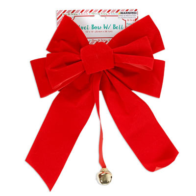 BOW RED VELVET 10X15IN W/BELL 7LOOP XMAS TCD