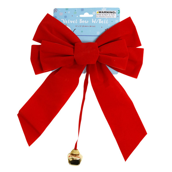 BOW RED VELVET 10X15IN W/BELL 7LOOP XMAS TCD
