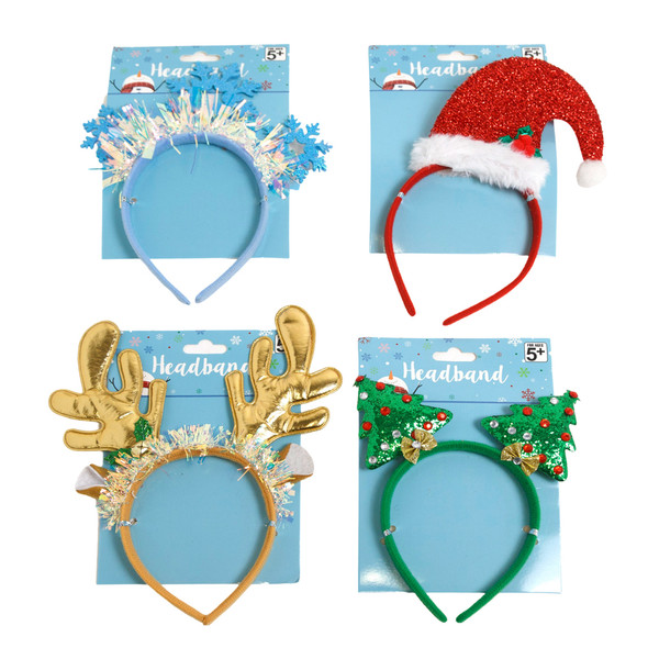 HEADBAND CHRISTMAS 4AST TREE/HAT/ANTLERS/SNOWFLAKE XMAS TCD
