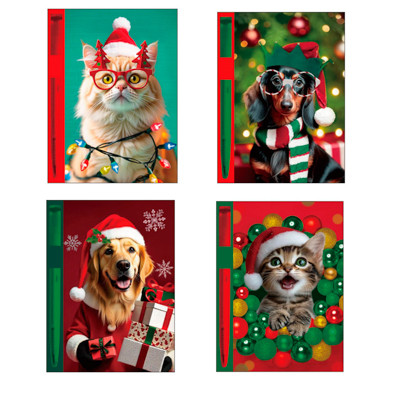 NOTEBOOK CHRISTMAS PETS IN SANTA HATS W/PEN 4AST IN 24PC PDQ 3.75INX5.9IN 80RULED SHEET PB/LABEL