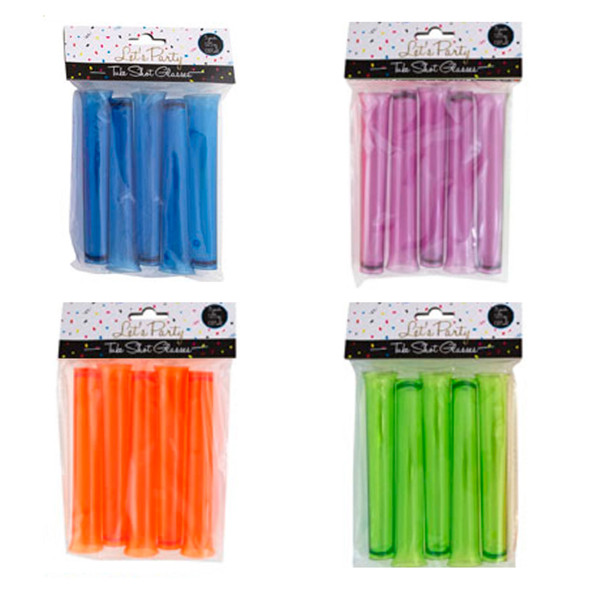 TUBE SHOT GLASS PLASTIC 5PK 5.5INL/4AST TRANSPARENT TINTS/PARTY PBH/ORANGE/LIME GREENPURPLE/DARK BLUE