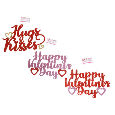 HANGING DECOR GLITTER VALENTINE PLASTIC SIGN 4AST APROX 11X18 HDR/OPP