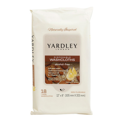 YARDLEY WASHCLOTH 18CT ALCOHOL FREE OATMEAL, ALMOND & VITAMIN E 2-12PC PDQ