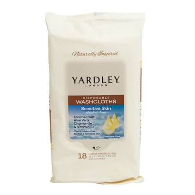 YARDLEY WASHCLOTH 18CT FRAGRANCE FREE SENSITIVE SKIN ALOE VERA, CHAMOMILE, & VITAMIN E 2-12PC PDQ