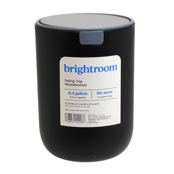 BRIGHTROOM SWING-TOP WASTEBASKET .04 GALLON 6-1/2H X 4-11/16W X 4-11/16D BLACK *6.99*