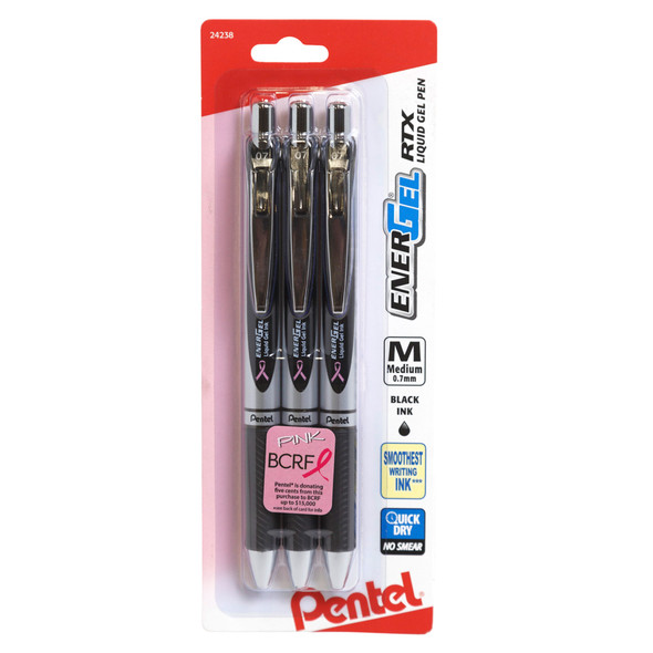 PENTEL ENERGEL RTX BCA 3PK GEL PENS BLACK INK 0.7MM RETRACTABLE  CARDED PEGGABLE