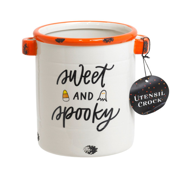 UTINSIL CROCK 7IN 2HANDLES SWEET & SPOOKY WHITE/ORANGE
