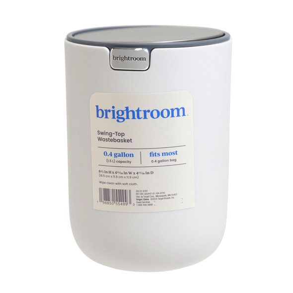 BRIGHTROOM SWING-TOP WASTEBASKET .04 GALLON 6-1/2H X 4-11/16W X 4-11/16D WHITE *6.99*