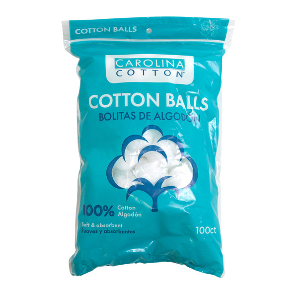 COTTON BALLS 100CT 100% COTTON PEGGABLE & RESEALABLE POLY BAG CAROLINA COTTON BILINGUAL UPC: 7-50104-86245-4