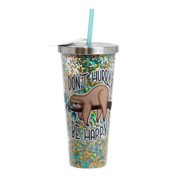 GLITTER CUP 20OZ W/STRAW DOUBLE INSULATED SLOTH DONT HURRY BE HAPPY