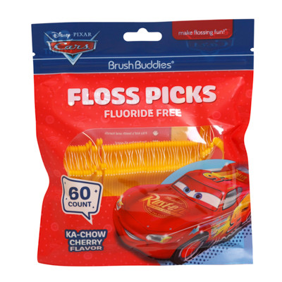 DENTAL FLOSS PICKS 60CT DISNEY CARS KA-CHOW CHERRY  BRUSH BUDDIES RESEALABLE BAG
