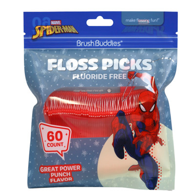 DENTAL FLOSS PICKS 60CT SPIDERMAN GREAT POWER PUNCH BRUSH BUDDIES RESEALABLE BAG