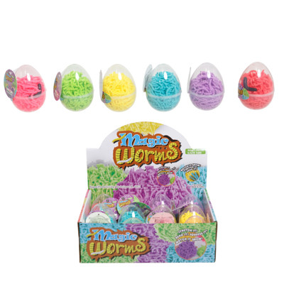 MAGIC WORMS 30GM IN EGG SHAPE CONTAINER 6ASST COLORS IN 12PC PDQ EA/LABEL
