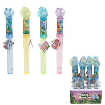 BUBBLE TUBE LIGHT-UP DINO 70ML/2.4OZ -11.4IN 4AST COLOR/2 DINO HEAD SHAPE IN 16PC PDQ