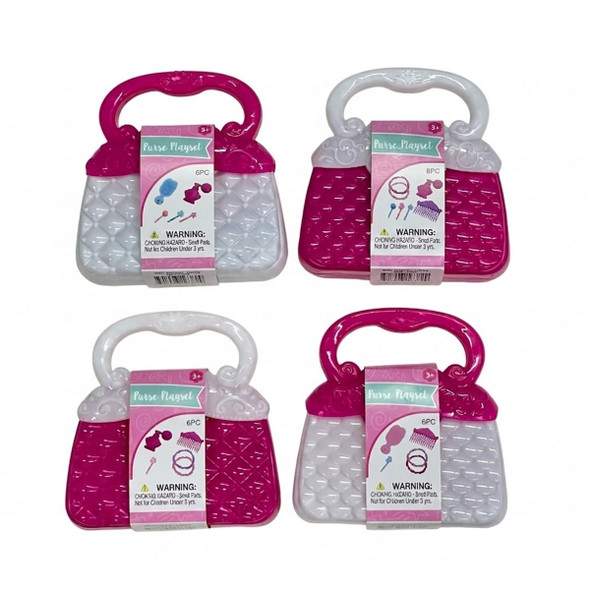 PURSE PLAYSET 5X5IN PLASTIC HANDBAG W/5-7 PC ACCESSORIES 4AST