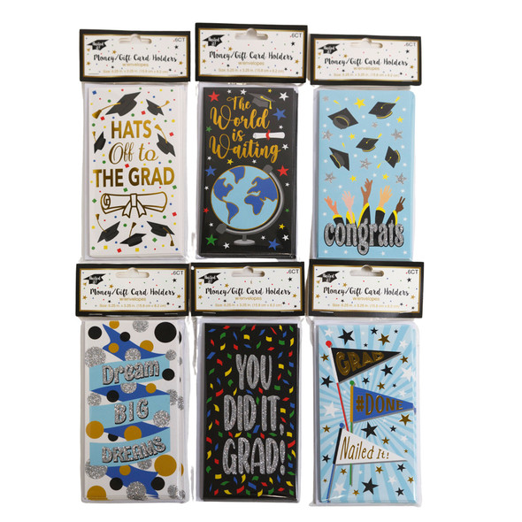 MONEY/GIFT CARD HOLDERS W/ENVELOPES GRADUATION 6CT/6AST HOTSTAMP/GLITTER ON 12PCMDSG STRIP