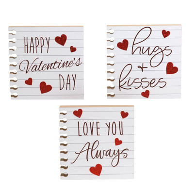 TABLE DECOR VALENTINES MDF NOTEBOOK PAGE GLITTER GREETINGS 3AST