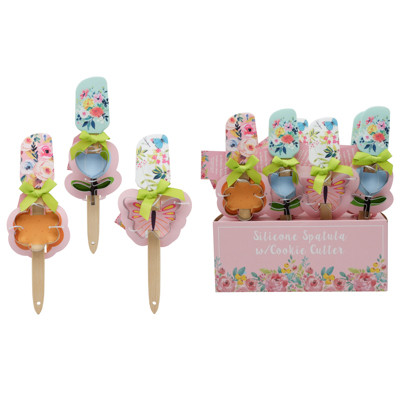 SPATULA SILICONE W/SPRING FLORAL PRINTS 3AST W/BONUS COOKIE CUTTER S/S IN 12PC PDQ/RIBBON TIE & HT