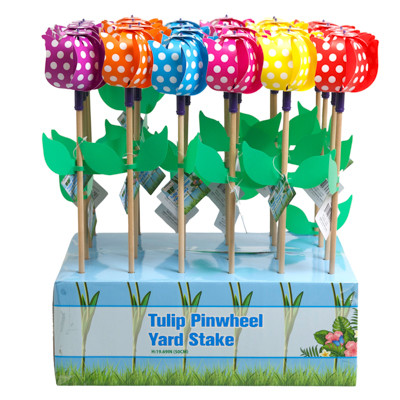 YARD STAKE POLKA DOT TULIP PINWHEEL W/LEAVES ASST COLORS IN 24PC PDQ