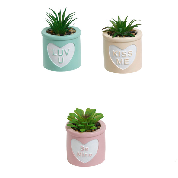 SUCCULENT FAUX VALENTIN 3ASST CONVERSATION HEART ROUND CEMENT POT/TRAY DISPLAY/LABEL
