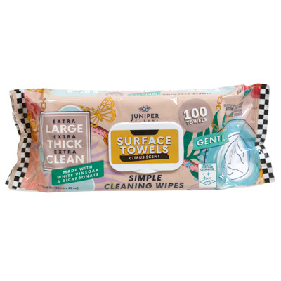 SURFACE TOWELS 100CT CITRUS SCENT 8.5INX8.5IN THICK CLEANING WIPES W/VINEGAR & BICARBONATE JUNIPER CLEAN