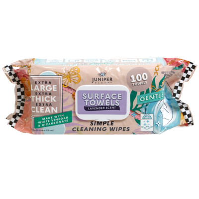 SURFACE TOWELS 100CT LAVENDER SCENT 8.5INX8.5IN THICK CLEANING WIPES W/VINEGAR & BICARBONATE JUNIPER CLEAN NO ONLINE SALES