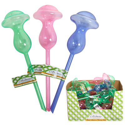 PLANT WATERING STAKE MUSHROOM SHAPE 3AST BLUE/PINK/GREEN 3.14 X 9.8IN/GARDEN LABEL/24PC PDQ